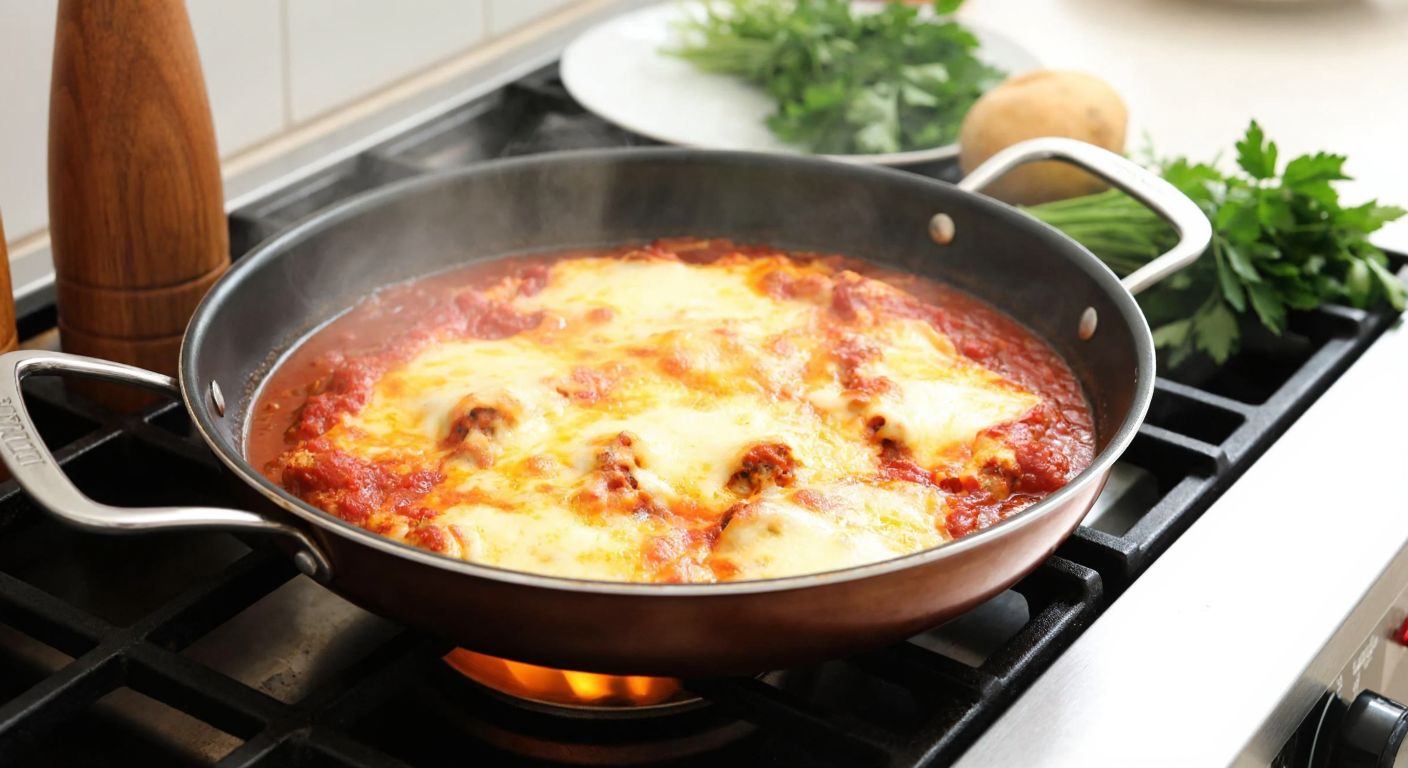 A steaming pan of golden-brown lasagna with bubbling cheese and rich tomato sauce, resting on a stovetop in a cozy Turkish kitchen, surrounded by fresh herbs and a wooden spoon.
