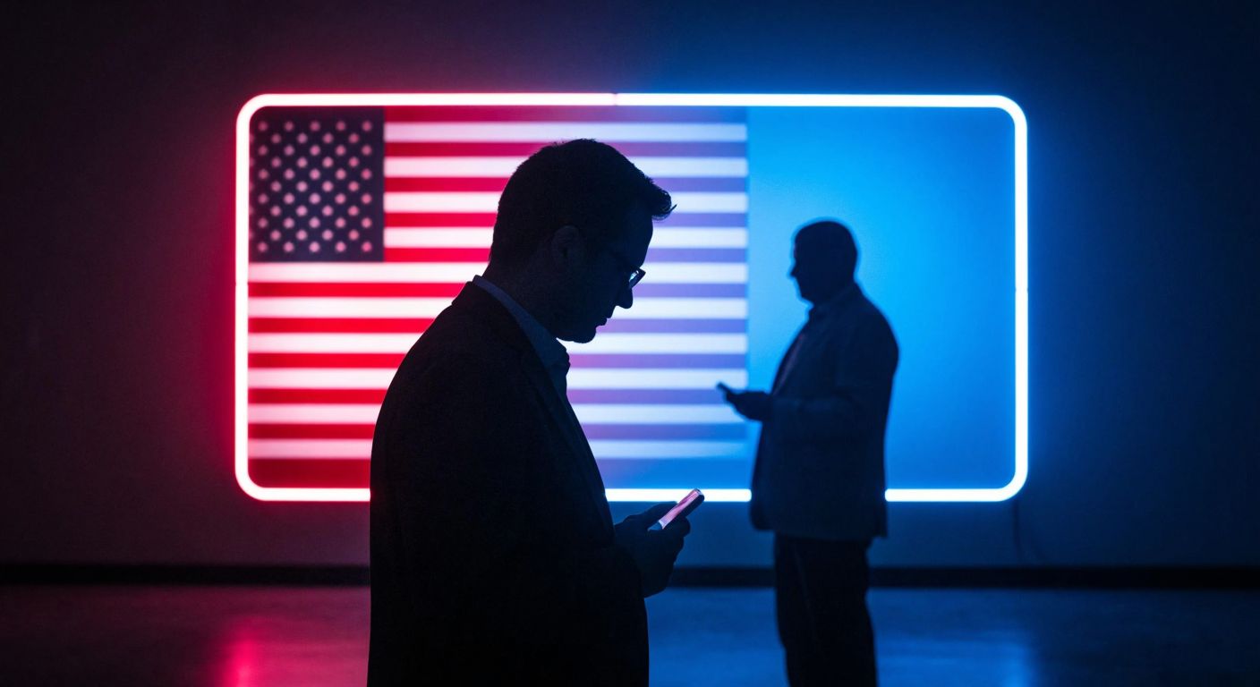 A shadowy figure stands in front of a glowing smartphone screen displaying a blurred app interface, with a faint silhouette of the American flag in the background.