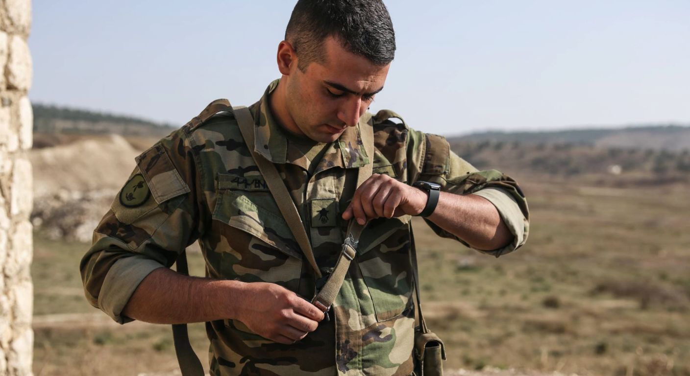 A Turkish soldier in camouflage uniform adjusts the strap of his rifle sling across his chest, ensuring comfort and mobility while standing in a rugged outdoor training area.