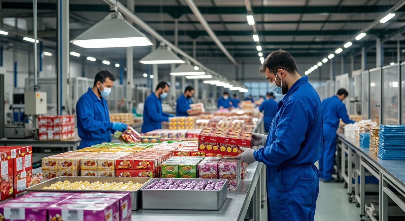 A bustling Turkish factory with workers in blue uniforms carefully inspecting colorful food packaging materials, including boxes for sweets, snacks, and dairy products, under bright industrial lights.