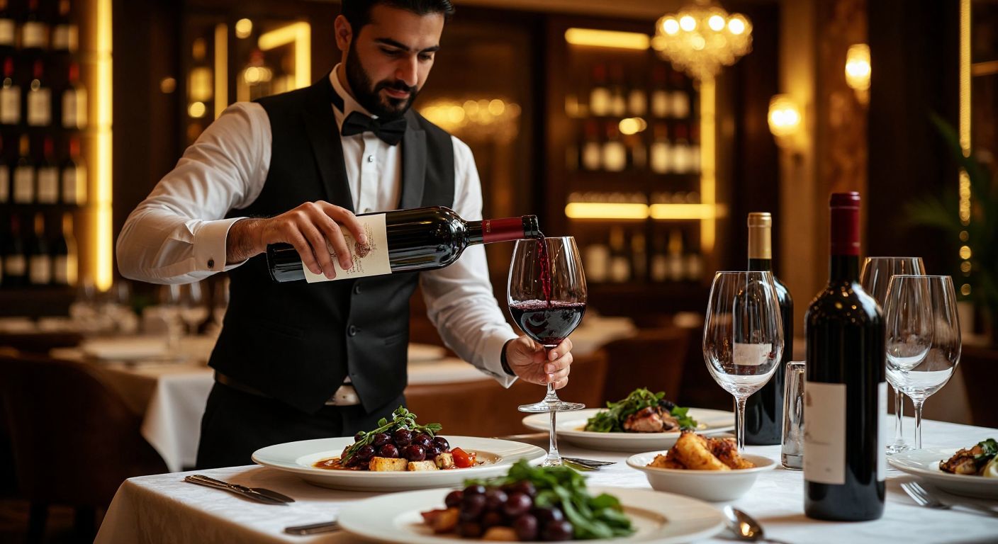 A well-dressed sommelier in an elegant Turkish restaurant carefully pours a deep red wine into a crystal glass while a diner watches with anticipation, surrounded by polished wine bottles and a table set with fine cuisine.