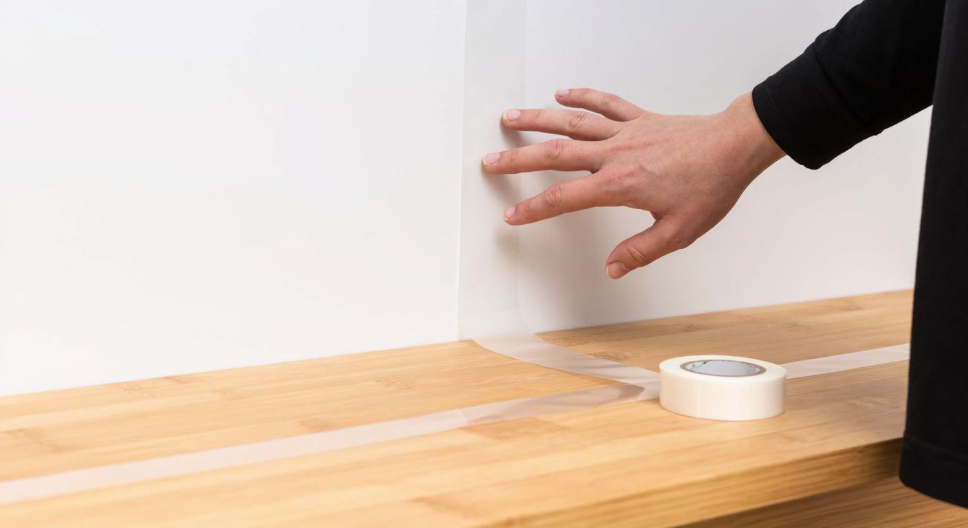 A close-up of a person's hand pressing a strip of transparent tape onto a clean, white wall, with a small roll of tape resting on a wooden table nearby.