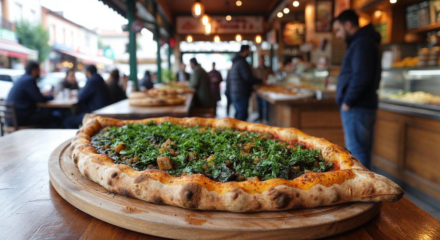 A steaming, golden-brown Kandıra pide topped with fresh greens (mancar) sits on a traditional wooden tray, surrounded by a bustling Turkish pide shop in Kocaeli with warm lighting and smiling locals.