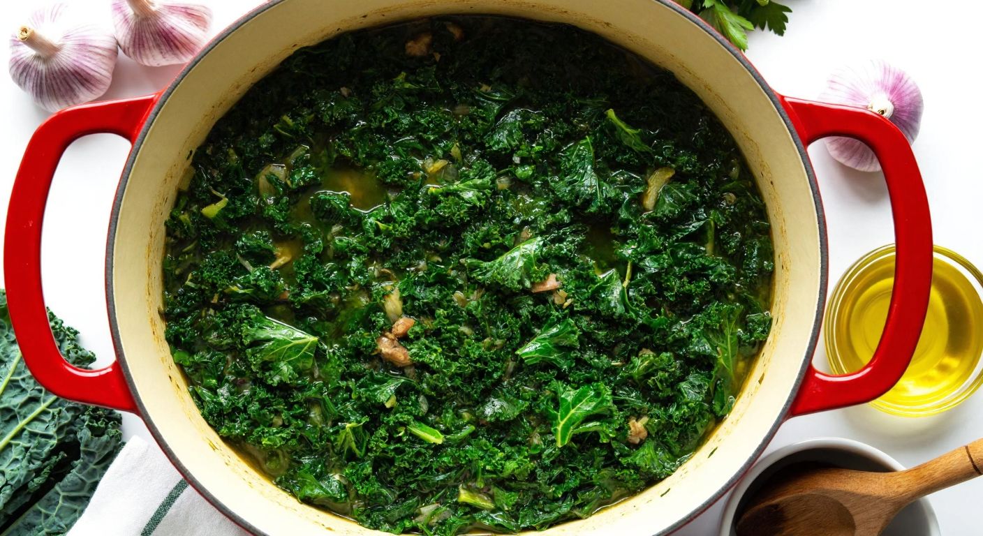 A vibrant pot of dark green kale simmering with a splash of golden vinegar, surrounded by fresh ingredients like garlic and olive oil, evoking the rich flavors of Turkish home cooking.