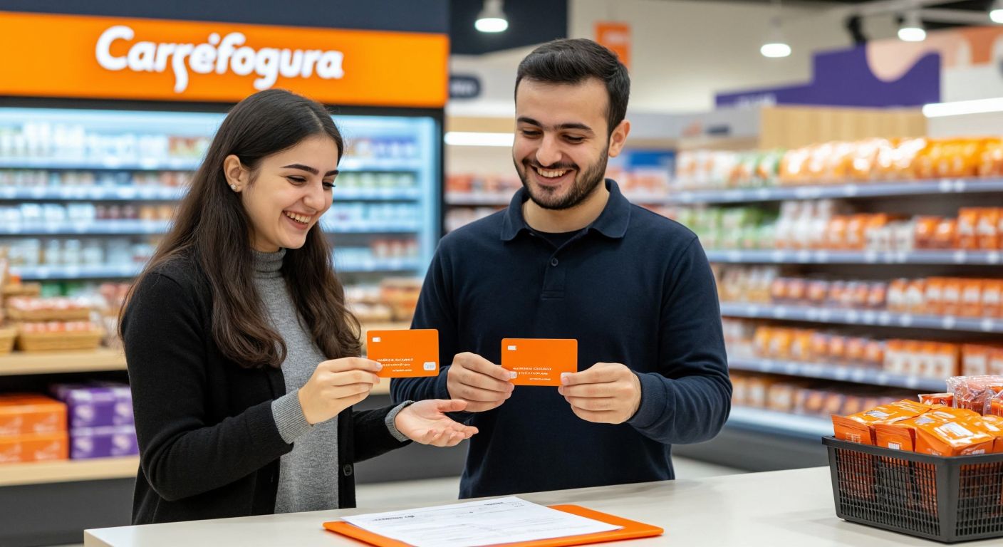 A smiling customer at a CarrefourSA store in Turkey, holding a bright orange loyalty card while a helpful staff member gestures toward a filled-out form on the counter.