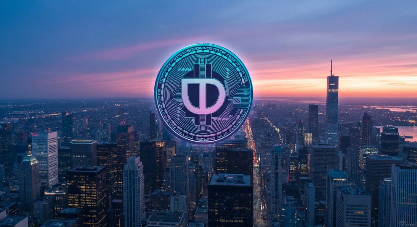 A glowing digital coin with "USDT" faintly imprinted on its surface floats above a futuristic city skyline at dusk, symbolizing the emergence of cryptocurrency.  

(Note: The faint "USDT" is implied by the design of the coin itself, not as added text or symbolic communication.)