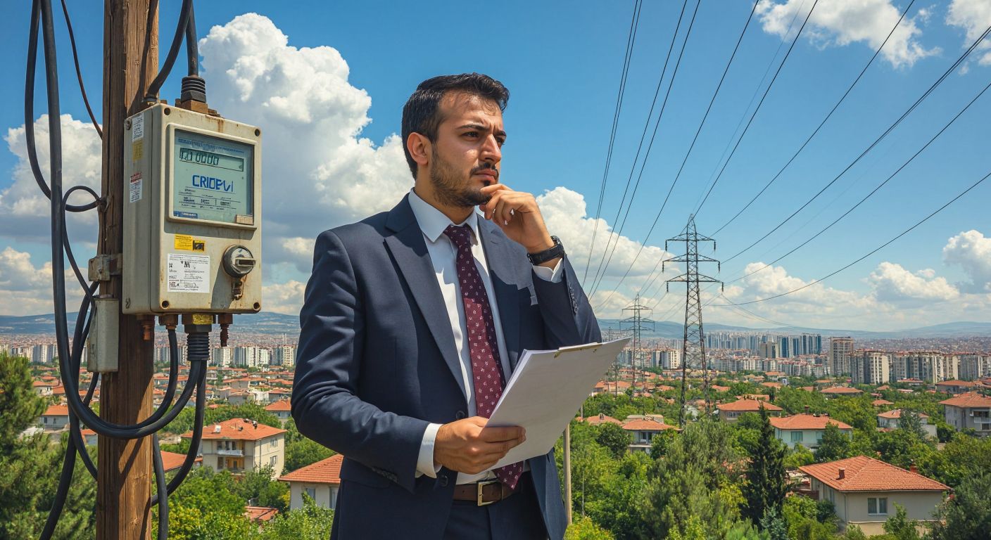 A Turkish man in a business suit stands thoughtfully in front of an electricity meter, holding a document with an EPDK logo, while a cityscape with power lines stretches behind him under a partly cloudy sky.