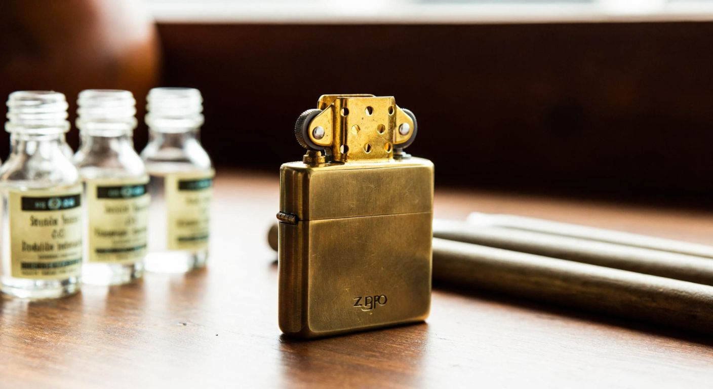 A weathered brass Zippo lighter resting on a wooden table beside small glass bottles labeled with clear liquids, evoking a sense of practical alternatives in a rustic Turkish workshop.