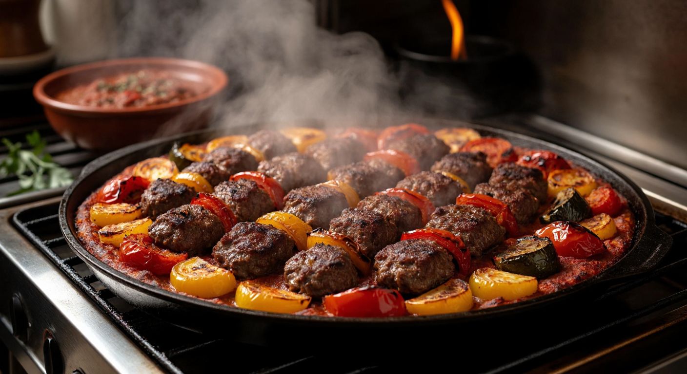 A golden-brown tray of sizzling tepsi kebab, fresh out of a warm oven, with steam rising and juicy meat nestled among roasted vegetables, evoking the rich aroma of Turkish spices.