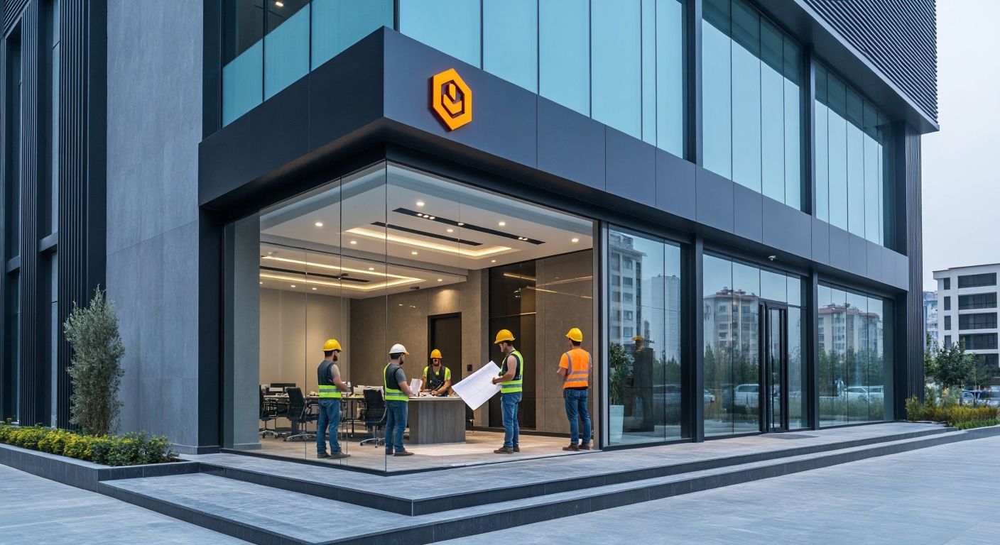 A modern construction company office in Bursa, Turkey, with a sleek glass facade, workers in hard hats reviewing blueprints, and a sign displaying the company logo (without text) above the entrance.