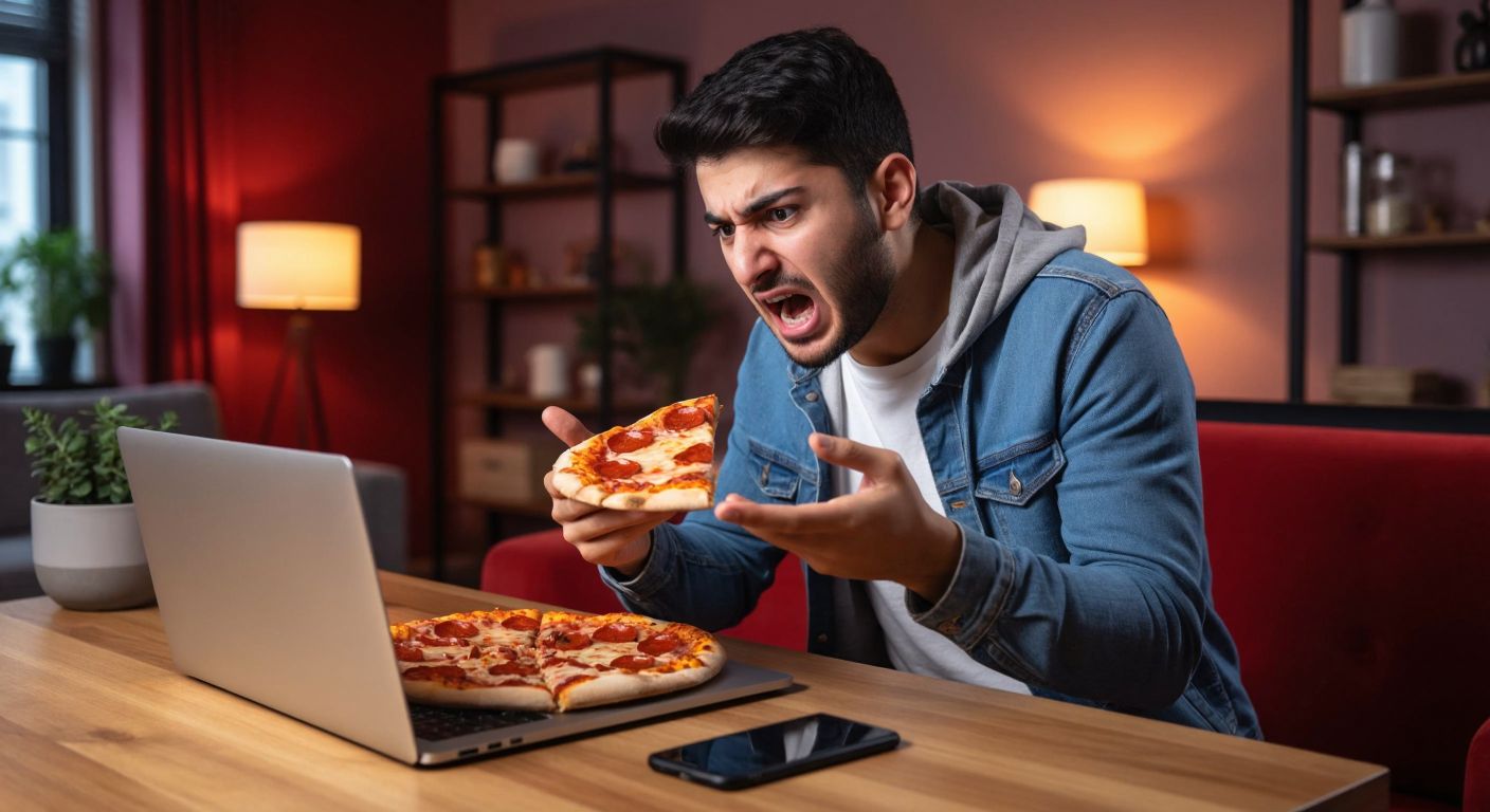 A frustrated Turkish customer in a cozy home setting holds a half-eaten Domino's pizza while gesturing toward a phone and laptop placed on a wooden table, with determination in their eyes.