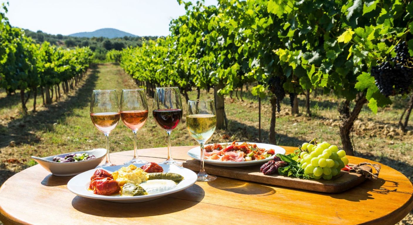 A sunlit Aegean vineyard with rows of lush grapevines, a rustic wooden table holding glasses of rosé, red, and white wine, and a plate of Turkish meze in the foreground, evoking warmth and Mediterranean charm.
