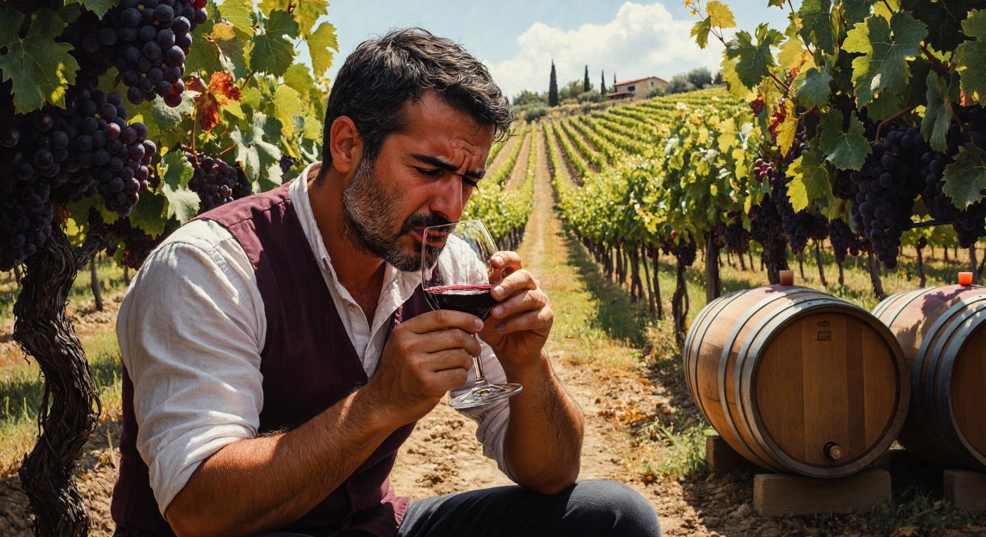 A Turkish winemaker in a sunlit vineyard frowns while sniffing a glass of spoiled red wine with a vinegary aroma, surrounded by barrels and grapevines.