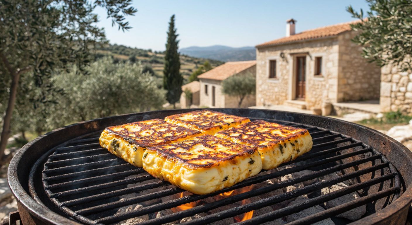 A golden-brown slab of halloumi cheese sizzling on a rustic grill in a sunlit Cypriot village, with olive trees and whitewashed stone houses in the background.