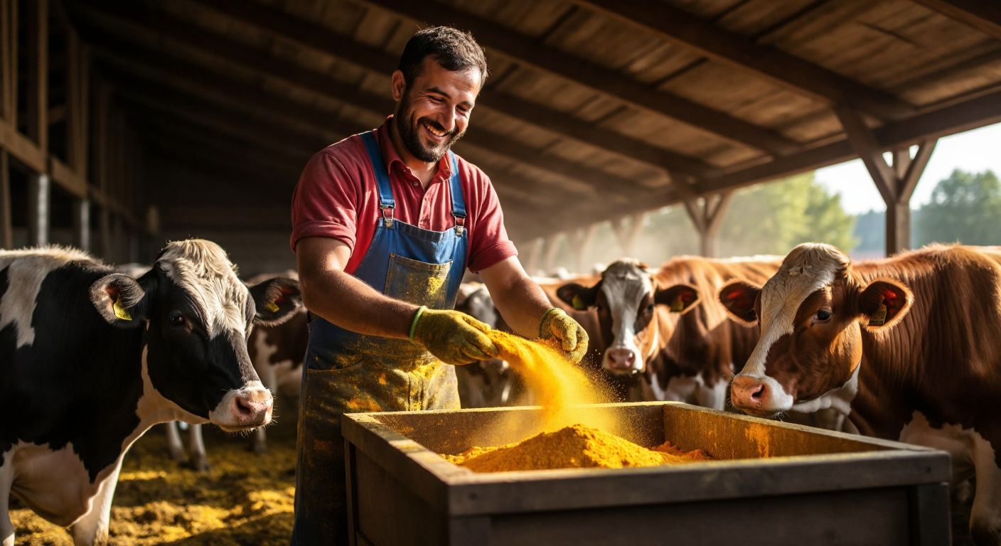 A Turkish farmer in overalls smiles while pouring colorful premix powder into a feeding trough surrounded by healthy, content cows in a sunlit barn.