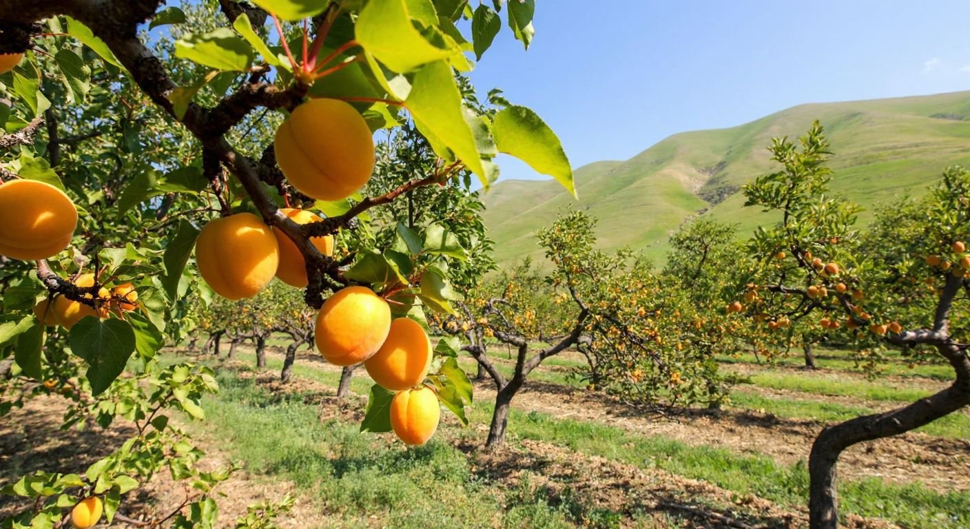 A sunlit apricot orchard in Malatya with golden apricots hanging from gnarled branches, surrounded by rolling green hills under a bright blue sky.