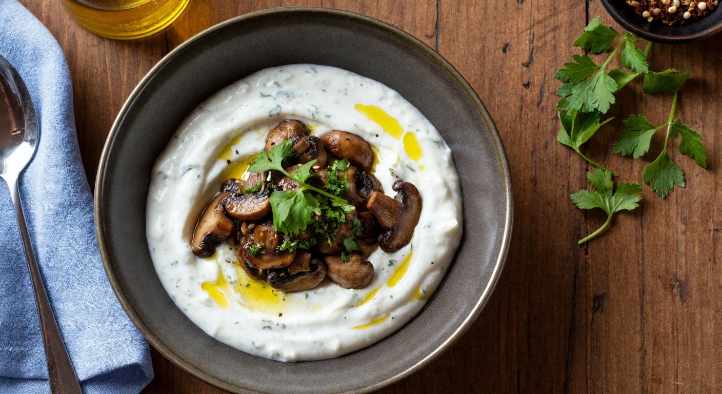 A rustic wooden table in a Turkish kitchen holds a bowl of creamy yogurt topped with sautéed white mushrooms and shiitake, garnished with fresh parsley and a drizzle of olive oil.