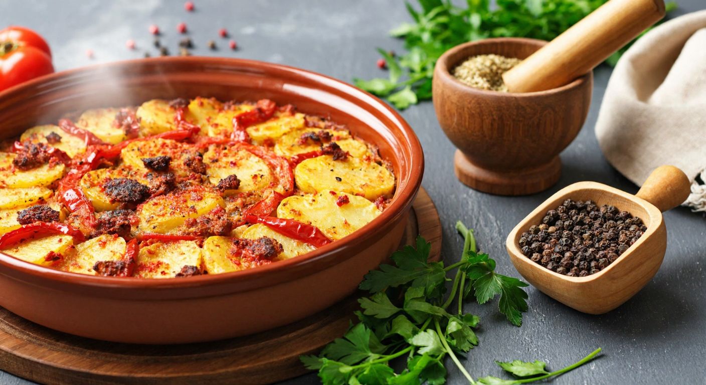 A rustic Turkish kitchen with a steaming ceramic dish of golden-brown potato oturtma, sprinkled with cumin, red pepper flakes, and black pepper, surrounded by fresh herbs and a wooden mortar filled with aromatic spices.