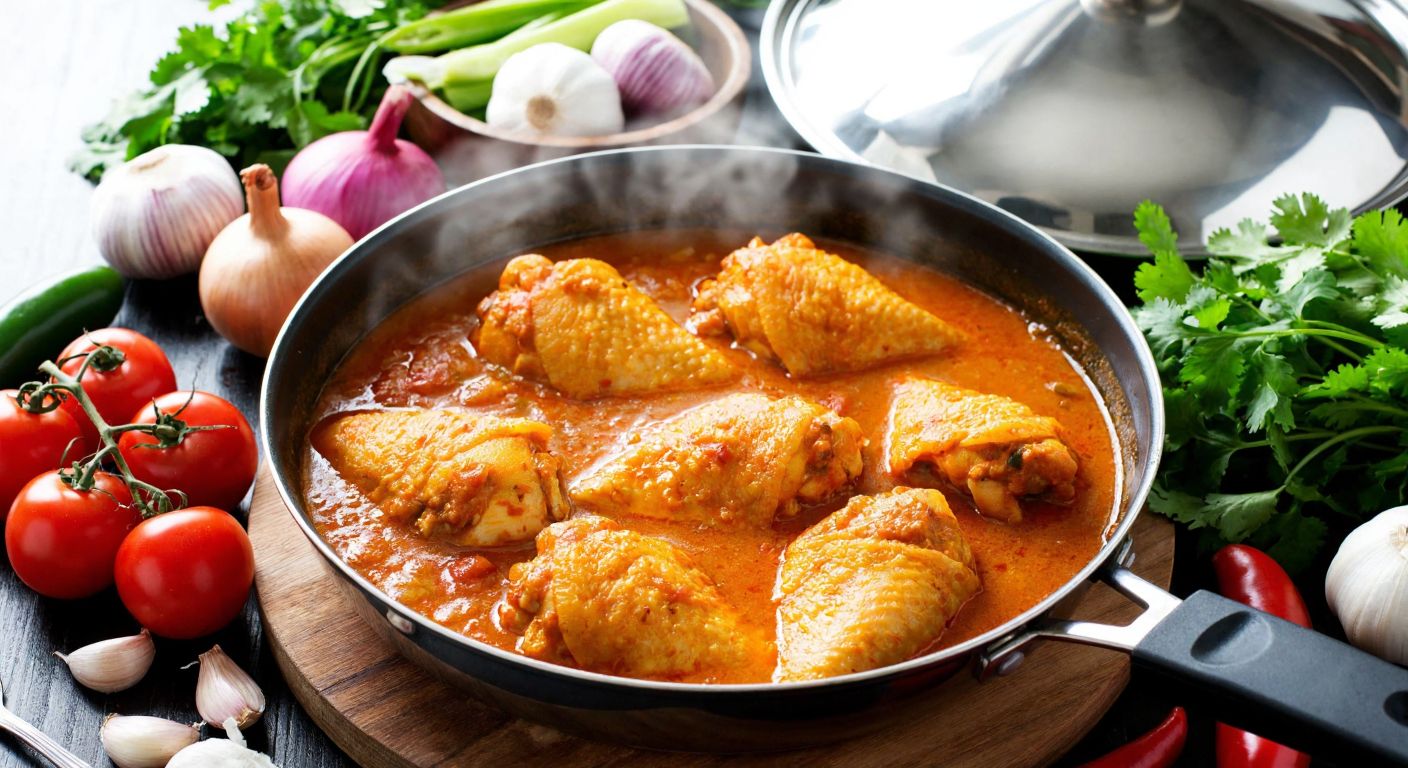A vibrant Turkish kitchen scene with golden-brown chicken pieces simmering in a rich, aromatic curry sauce, surrounded by fresh ingredients like onions, garlic, tomatoes, and cilantro, with steam rising from the pot.