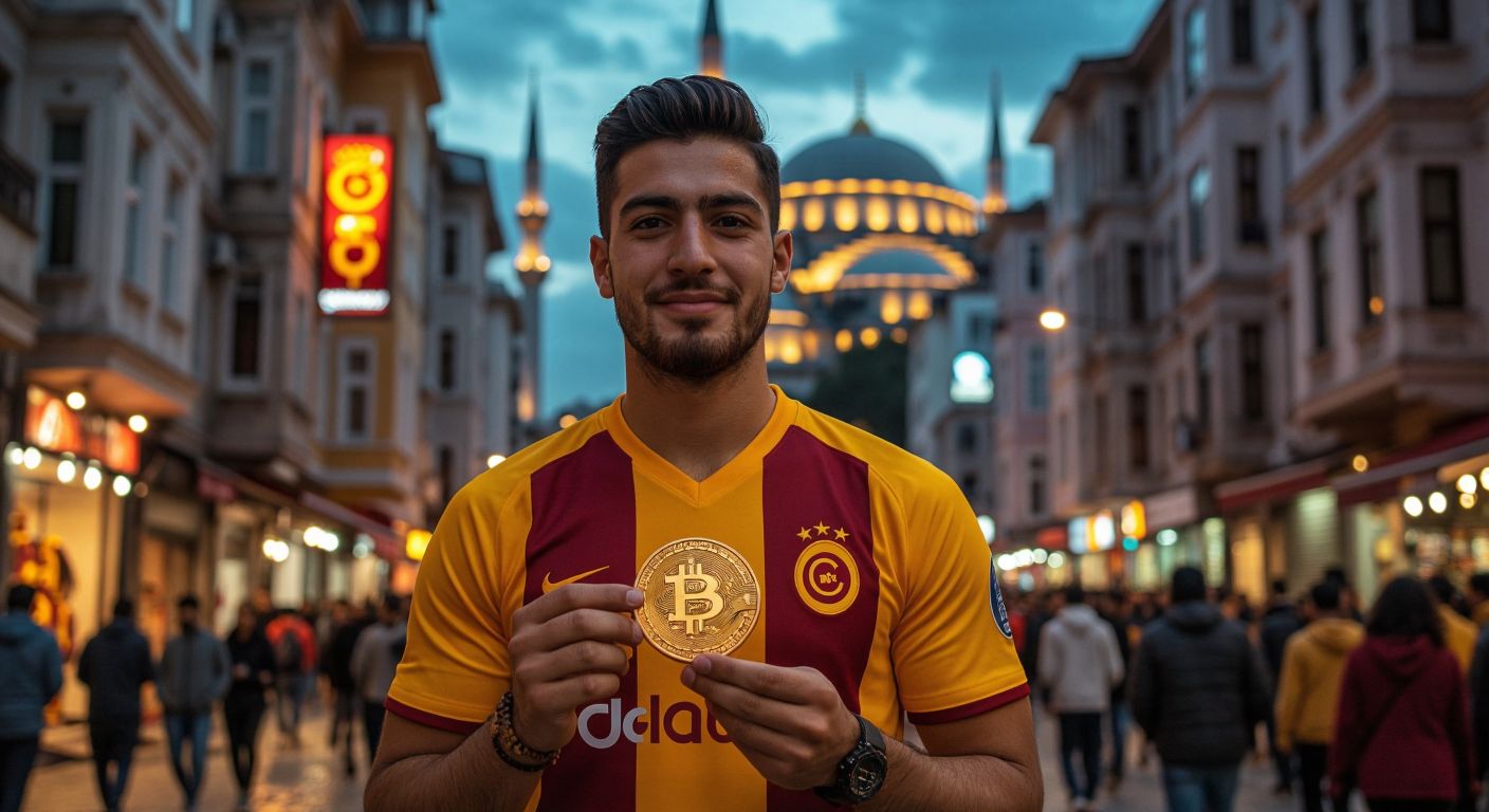 A proud Galatasaray fan in a yellow-red jersey holds a shining digital coin against the backdrop of a bustling Istanbul street, with the team's lion emblem faintly glowing on the coin's surface.