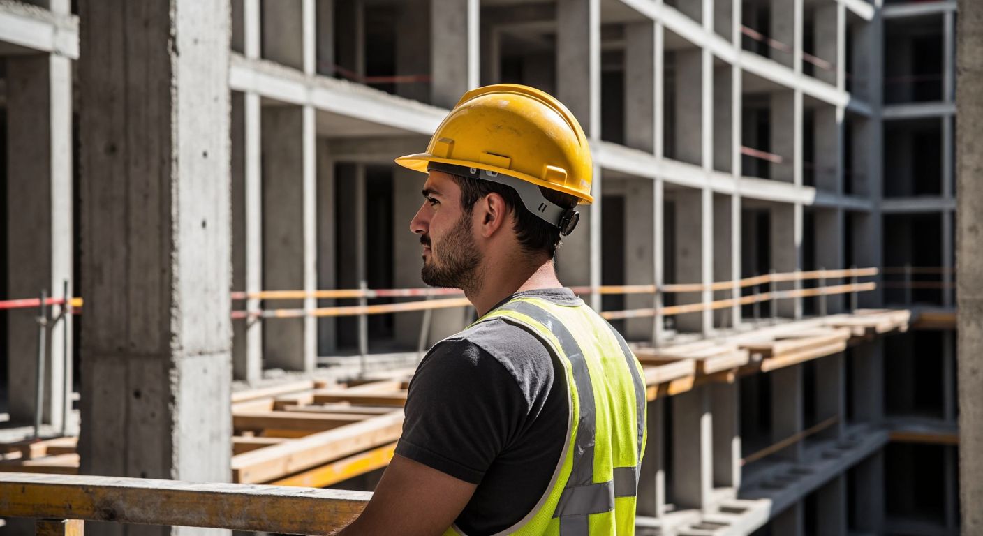 A construction worker in Turkey wearing a yellow hard hat with an adjustable chin strap, standing on a scaffold at a busy building site, with sunlight casting sharp shadows on the unfinished concrete walls.