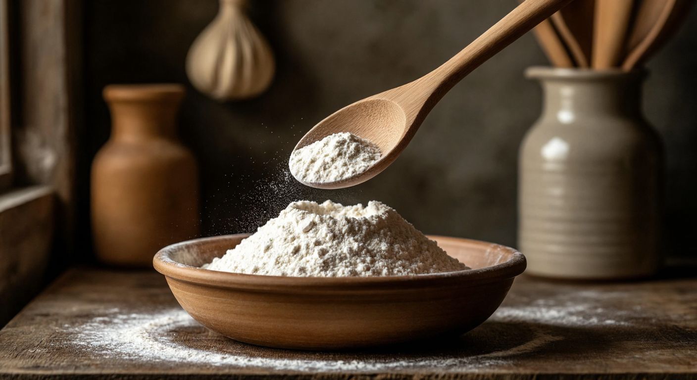 A wooden spoon held over a bowl, with one side piled high with flour (tepeleme) and the other side leveled flat (silme), against a rustic kitchen backdrop.