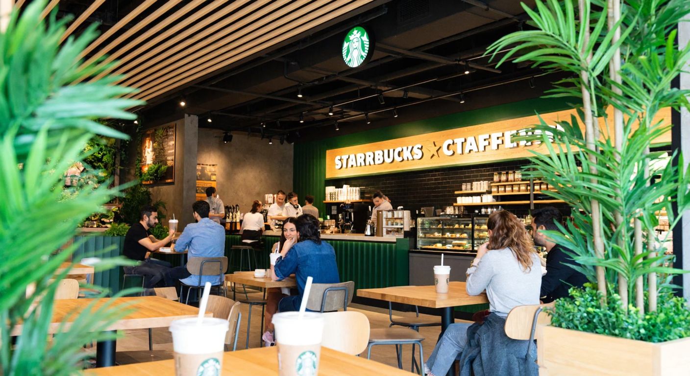 A modern Starbucks café in Turkey with customers sipping iced drinks from strawless lids, surrounded by lush green plants and reusable cups, conveying an eco-friendly atmosphere.