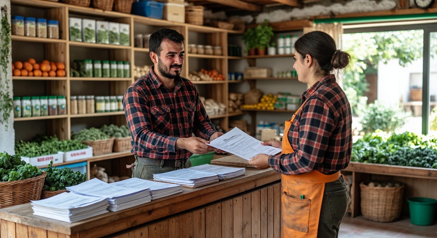 A Turkish farmer in a plaid shirt and work pants stands at a wooden counter in a rural cooperative office, handing documents to a cooperative employee wearing a name badge, with shelves of agricultural supplies in the background.