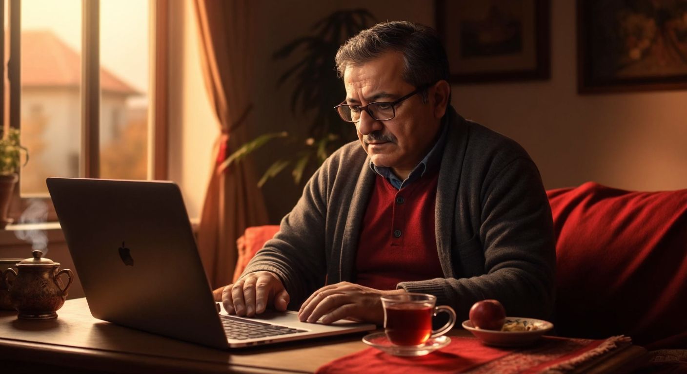 A middle-aged Turkish person in a cozy home setting, wearing glasses and looking focused while browsing on a laptop, with a steaming cup of Turkish tea beside them.
