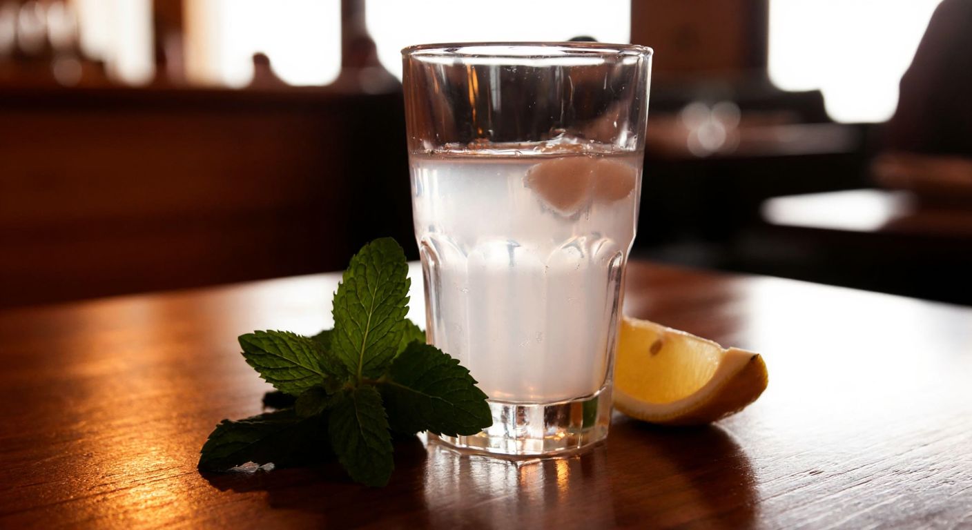 A clear glass of chilled vodka rests on a wooden table in a dimly lit Turkish meyhane, with a slice of lemon and fresh mint leaves beside it, evoking a crisp, scent-free refreshment.