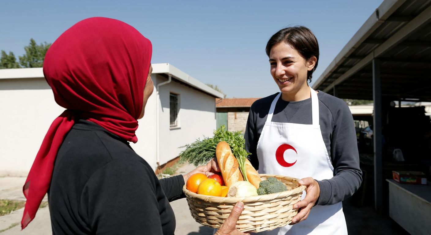 A warm-hearted elderly woman in a red headscarf hands a basket of fresh bread and vegetables to a smiling Turkish Red Crescent volunteer wearing a white apron with a red crescent emblem, standing outside a modest community center under a clear blue sky.