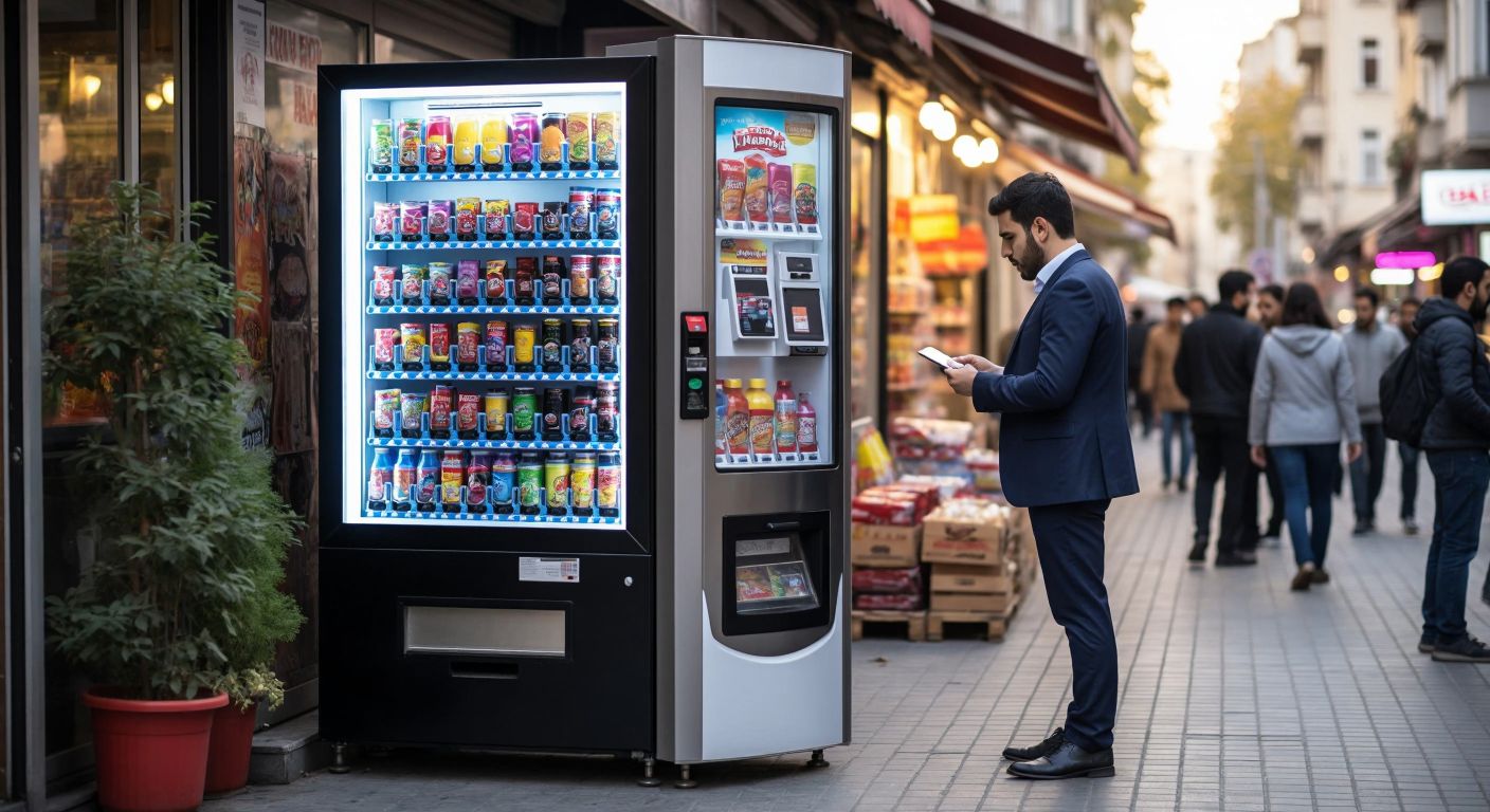 A modern vending machine filled with colorful snacks and drinks stands in a bustling Turkish street, with a businessman reviewing financial plans nearby and a worker checking the machine's technical connections.