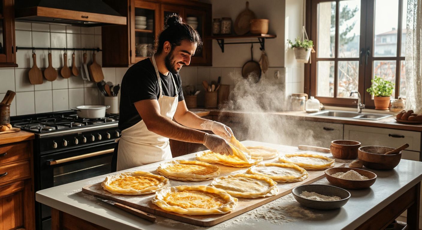 A Turkish kitchen counter with fresh, thin sheets of yufka dough laid out, golden-brown crispy börek baking in the oven, and a smiling home cook sprinkling flour with anticipation.