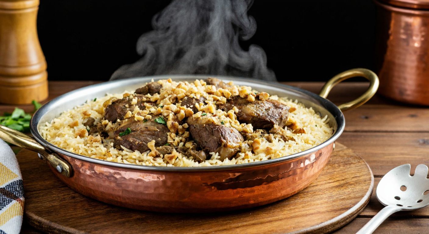 A steaming copper pot of aromatic Kovada pilav with tender lamb pieces, topped with crushed walnuts and hazelnuts, served on a rustic wooden table in a cozy Turkish kitchen.
