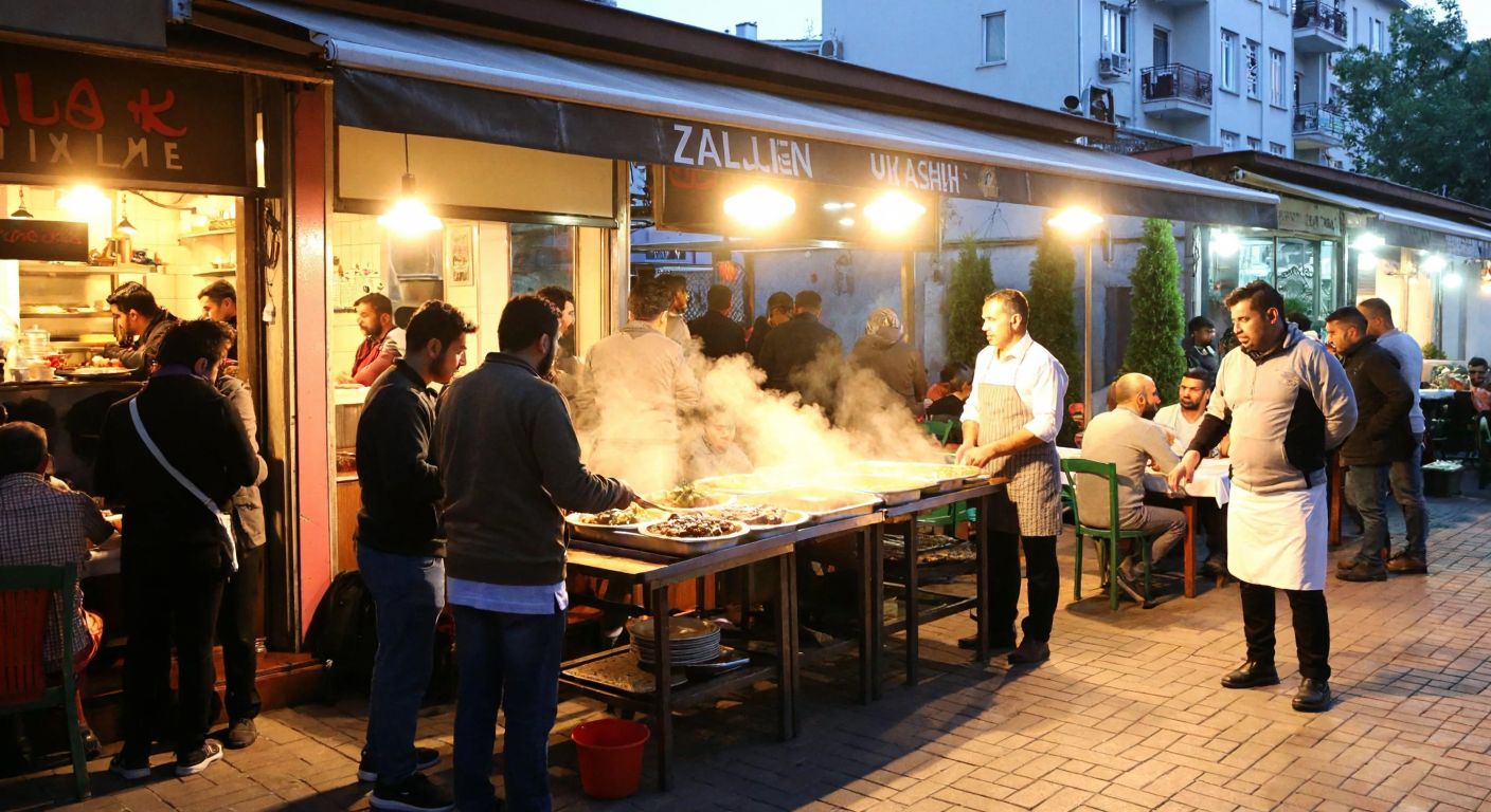 A bustling Turkish neighborhood eatery with steaming trays of traditional dishes, surrounded by locals chatting warmly under a bright awning in Zafer Mahallesi.