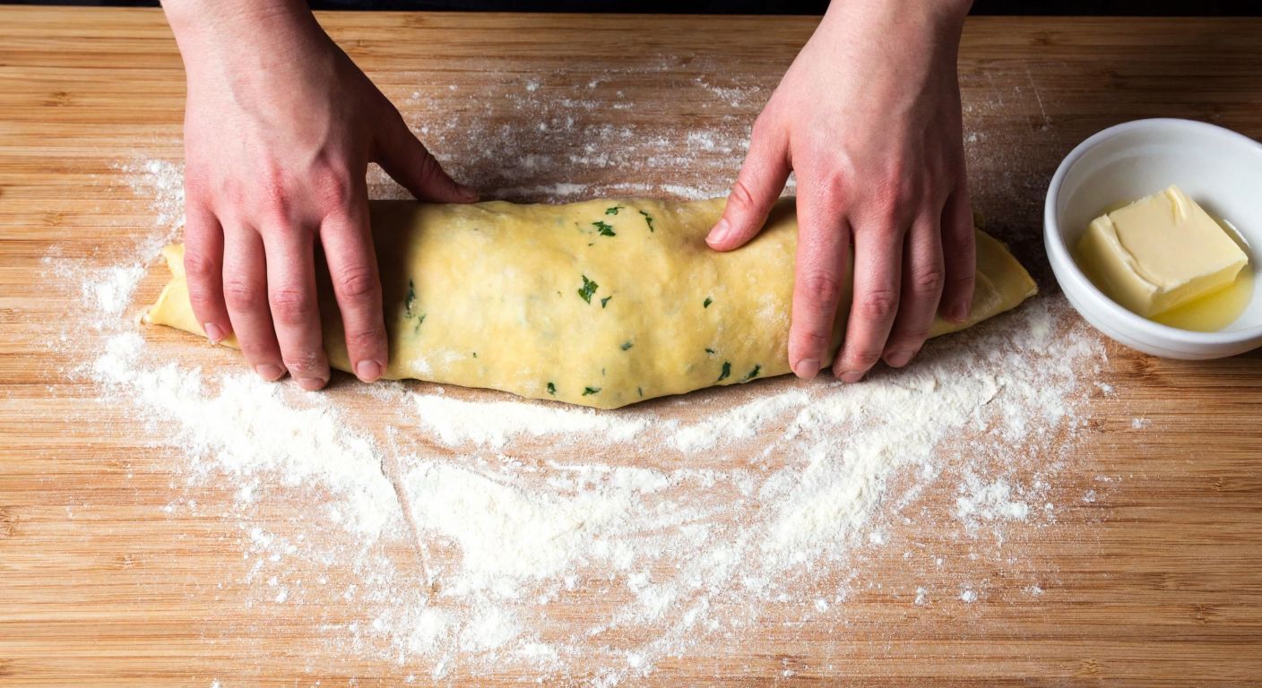A pair of hands carefully rolling thin, golden pastry dough around a savory filling of cheese and parsley on a flour-dusted wooden table, with a small bowl of melted butter nearby.