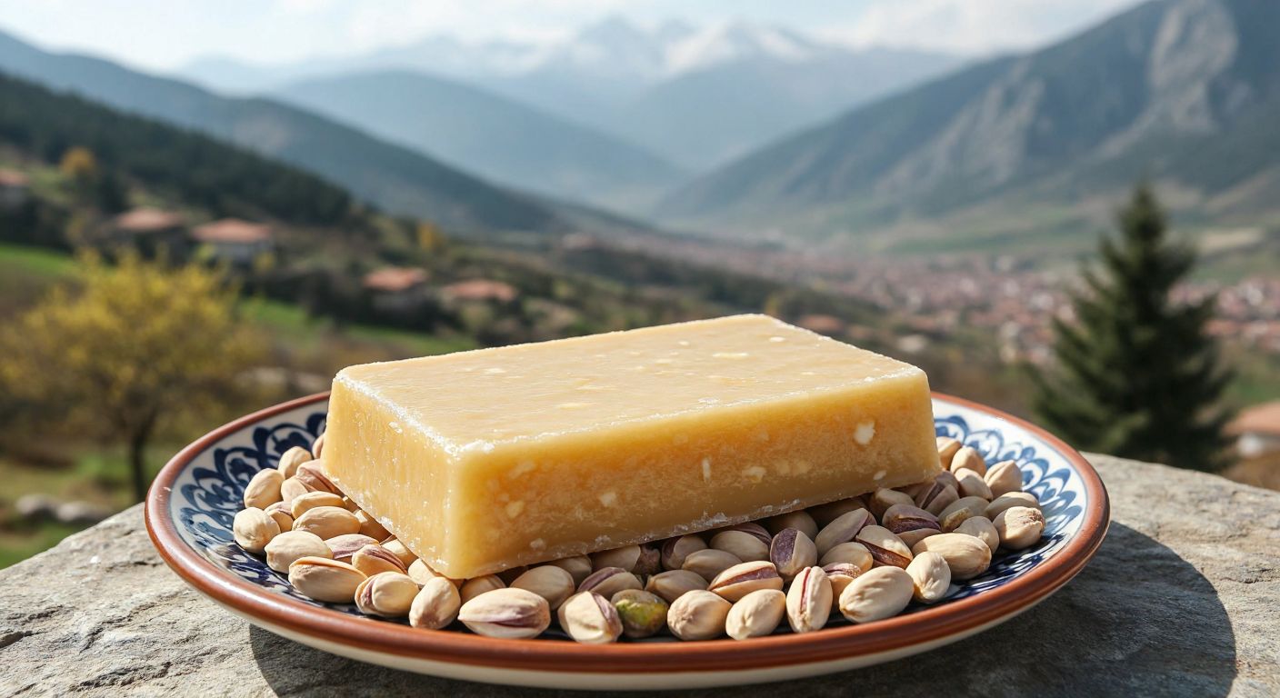 A golden-brown slab of creamy *kaymak şekeri* sits on a traditional Turkish ceramic plate, surrounded by pistachios, with the rugged mountains of Afyonkarahisar faintly visible in the background.