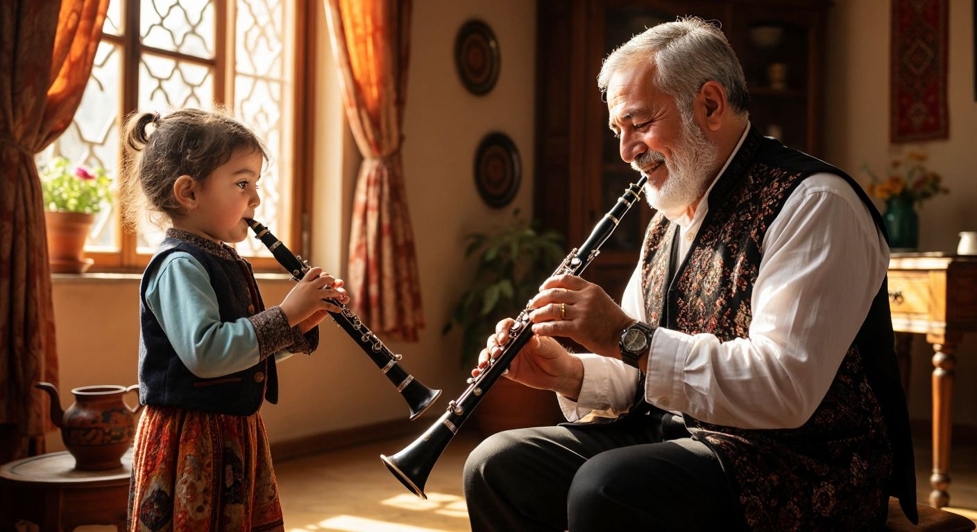 A young Turkish child with a small clarinet in hand, an elderly man playing a clarinet with a smile, and a music teacher guiding them in a sunlit studio with traditional Turkish patterns on the walls.