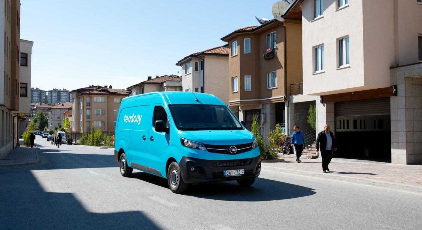 A modern, bright-blue delivery van with the Trendyol logo parked on a quiet street in Ankara's Kazan district, surrounded by low-rise buildings and a few pedestrians walking nearby under a clear sky.