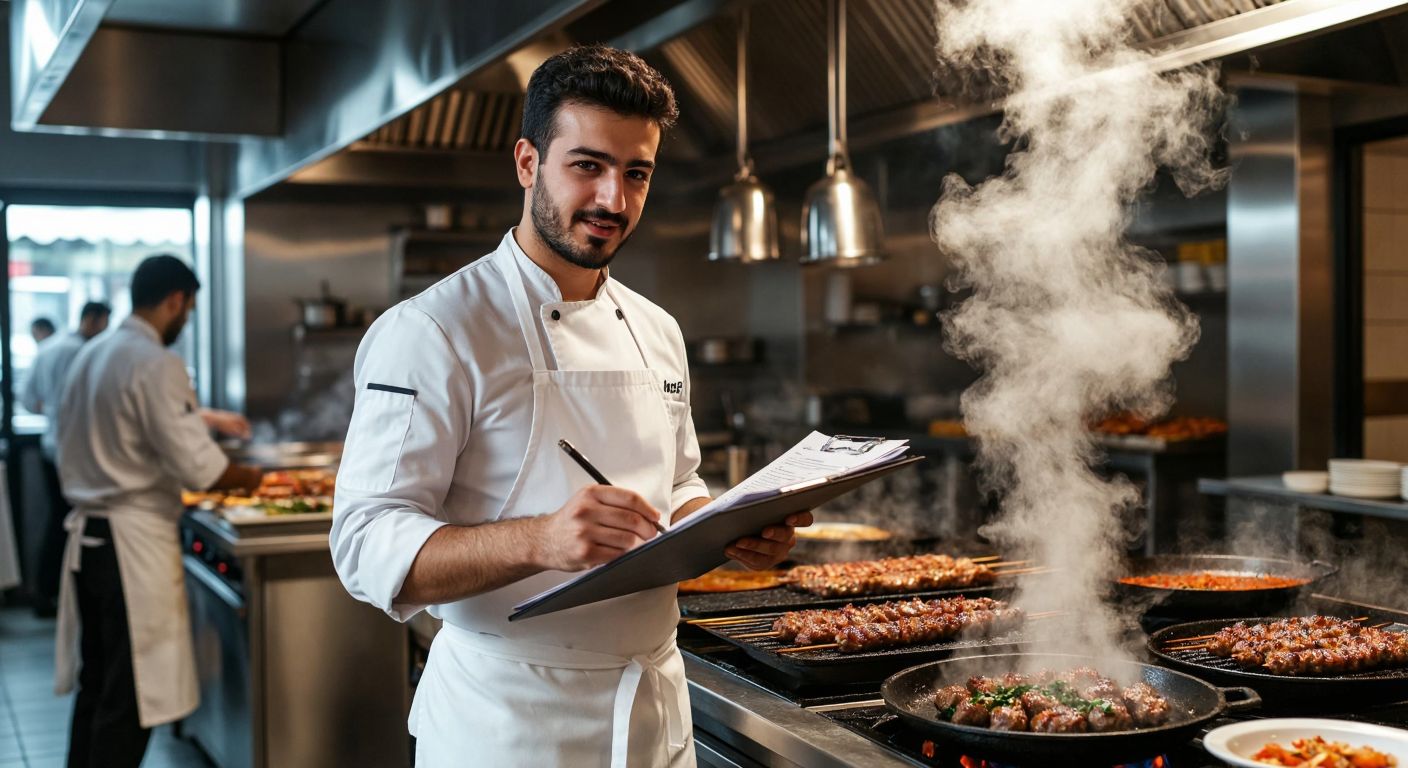 A Turkish chef in a crisp white apron stands in a bustling restaurant kitchen, holding a stack of official documents while confidently pointing to a laptop displaying a Trendyol seller application page, with steam rising from a pot of sizzling kebabs in the background.
