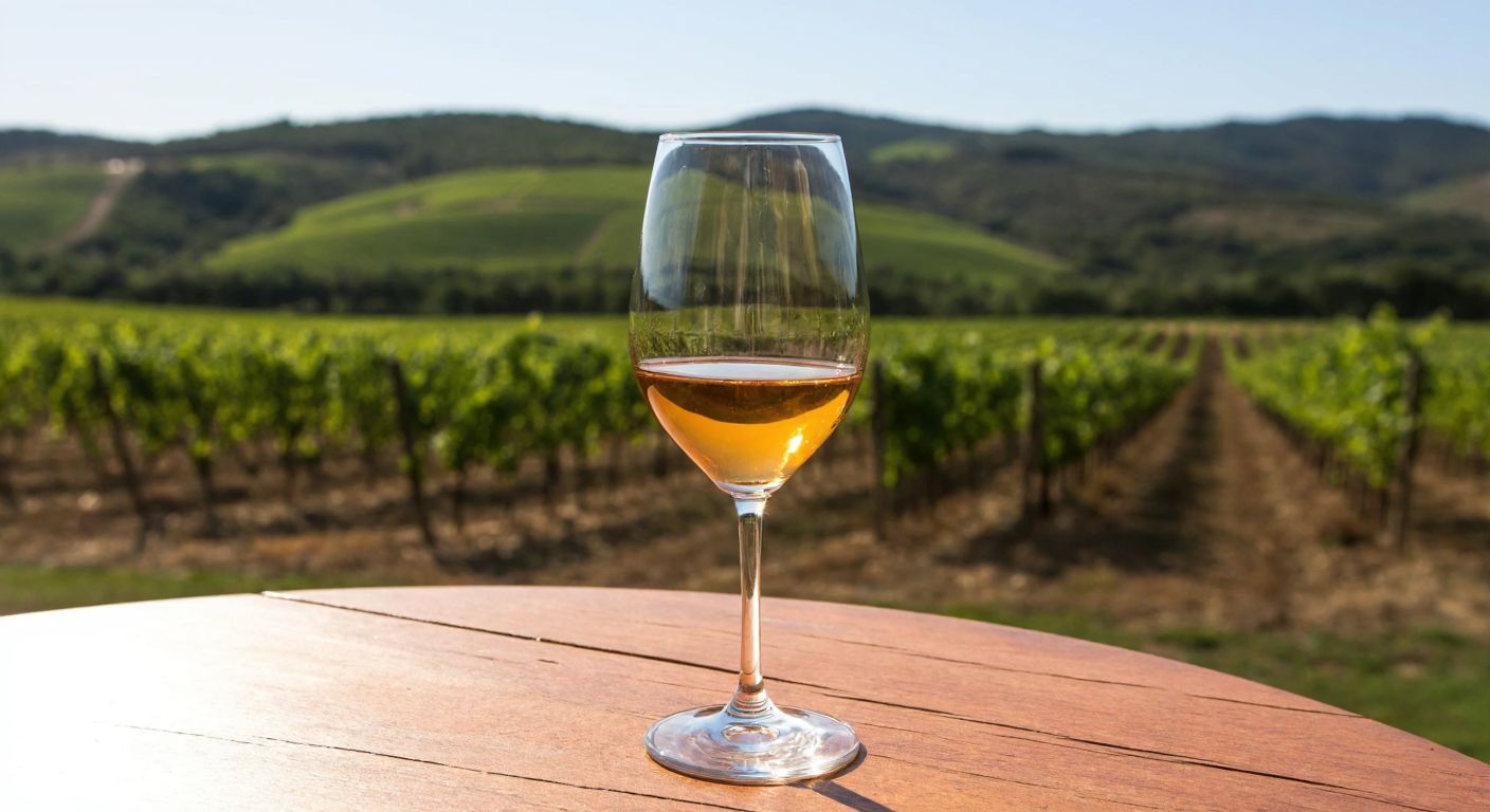 A golden-hued glass of wine resting on a sunlit wooden table overlooking a Mediterranean vineyard with rolling green hills in the background.