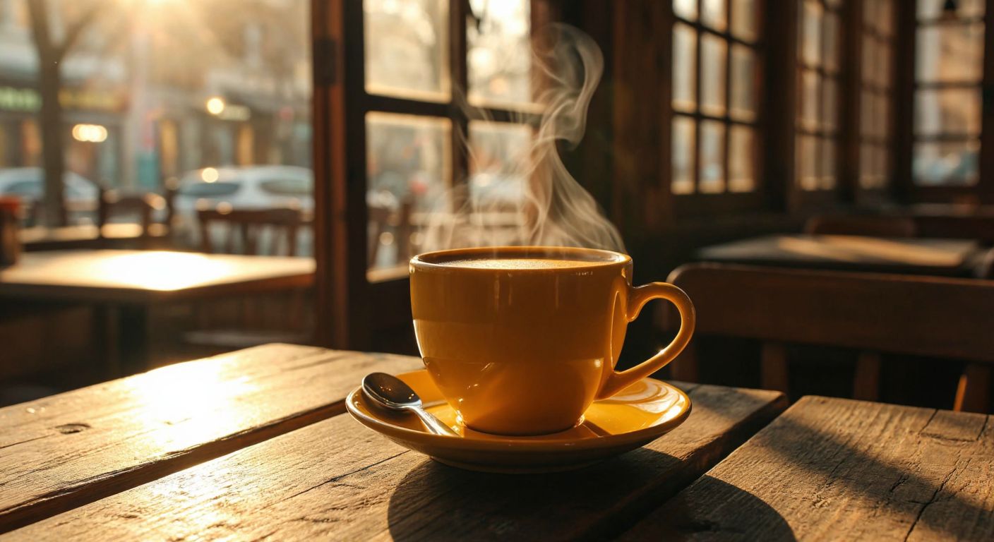 A warm, golden-brown cup of Nescafe Gold coffee sits on a rustic wooden table in a cozy Turkish café, with soft steam rising and sunlight filtering through the window.