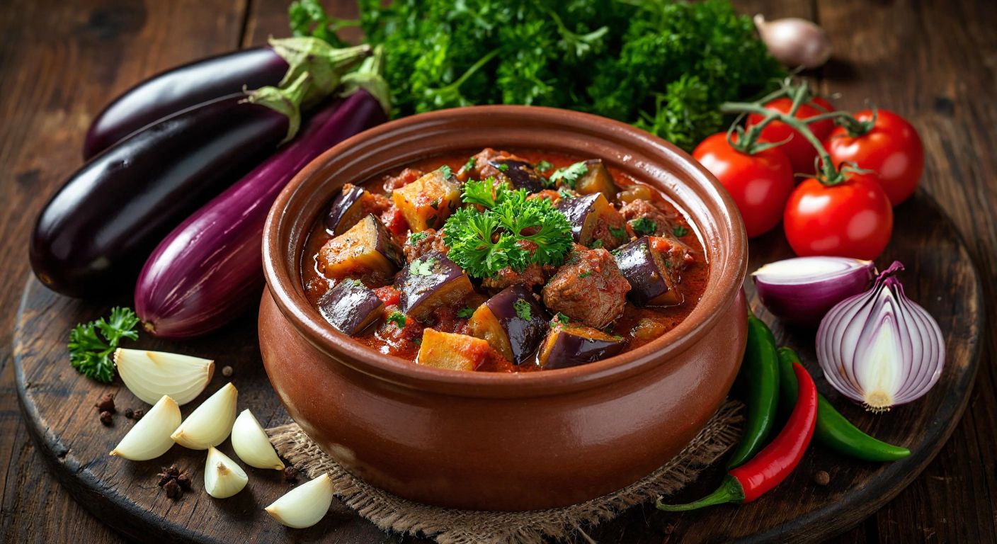 A steaming clay pot of richly spiced eggplant and meat stew, garnished with fresh parsley, sits on a rustic wooden table surrounded by vibrant chopped vegetables—eggplants, tomatoes, onions, and green peppers—with a warm golden light casting cozy shadows.