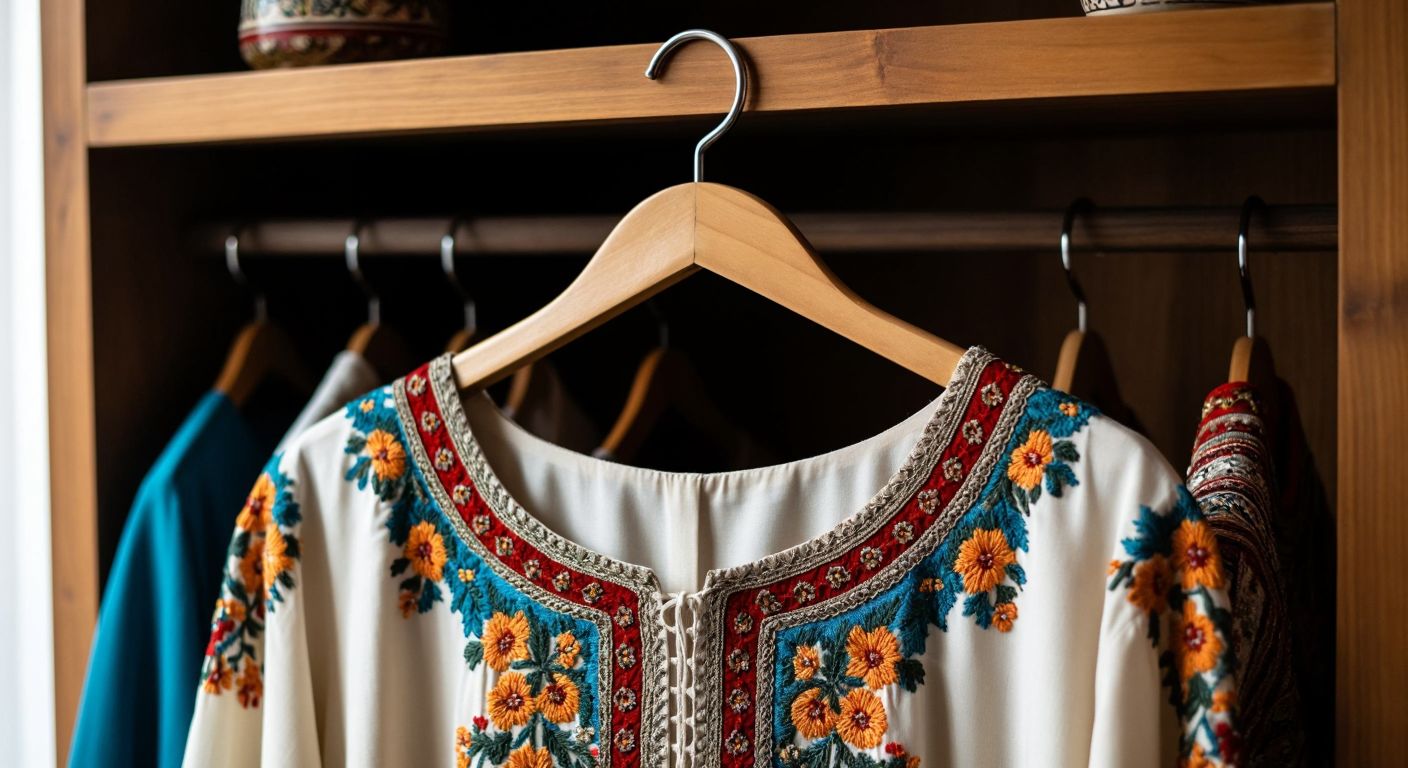 A sturdy metal ring attached to a wooden clothes hanger in a Turkish wardrobe, with a neatly hung traditional embroidered dress swaying gently.