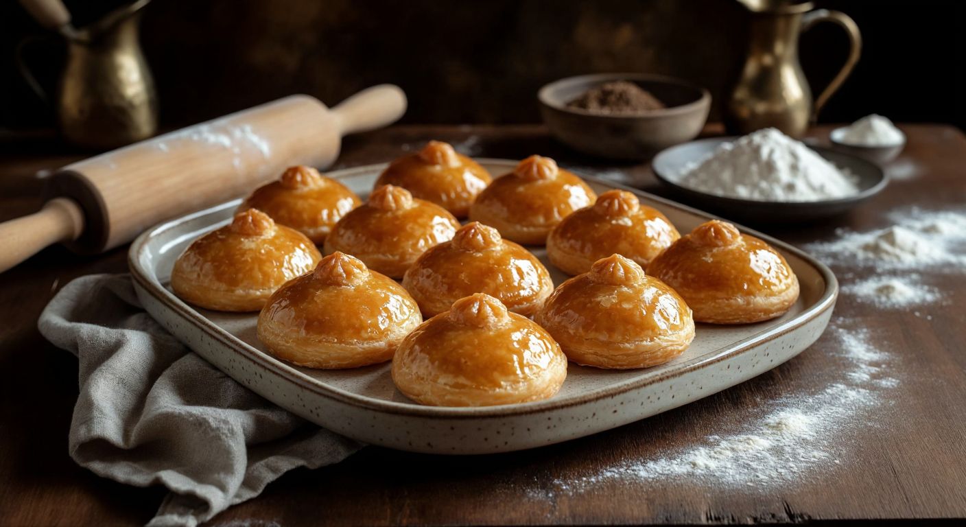 A warm Turkish kitchen with golden-brown *şekerpare* pastries arranged on a ceramic tray, their glossy syrup glistening under soft light, while a wooden rolling pin and scattered flour hint at the baking process.