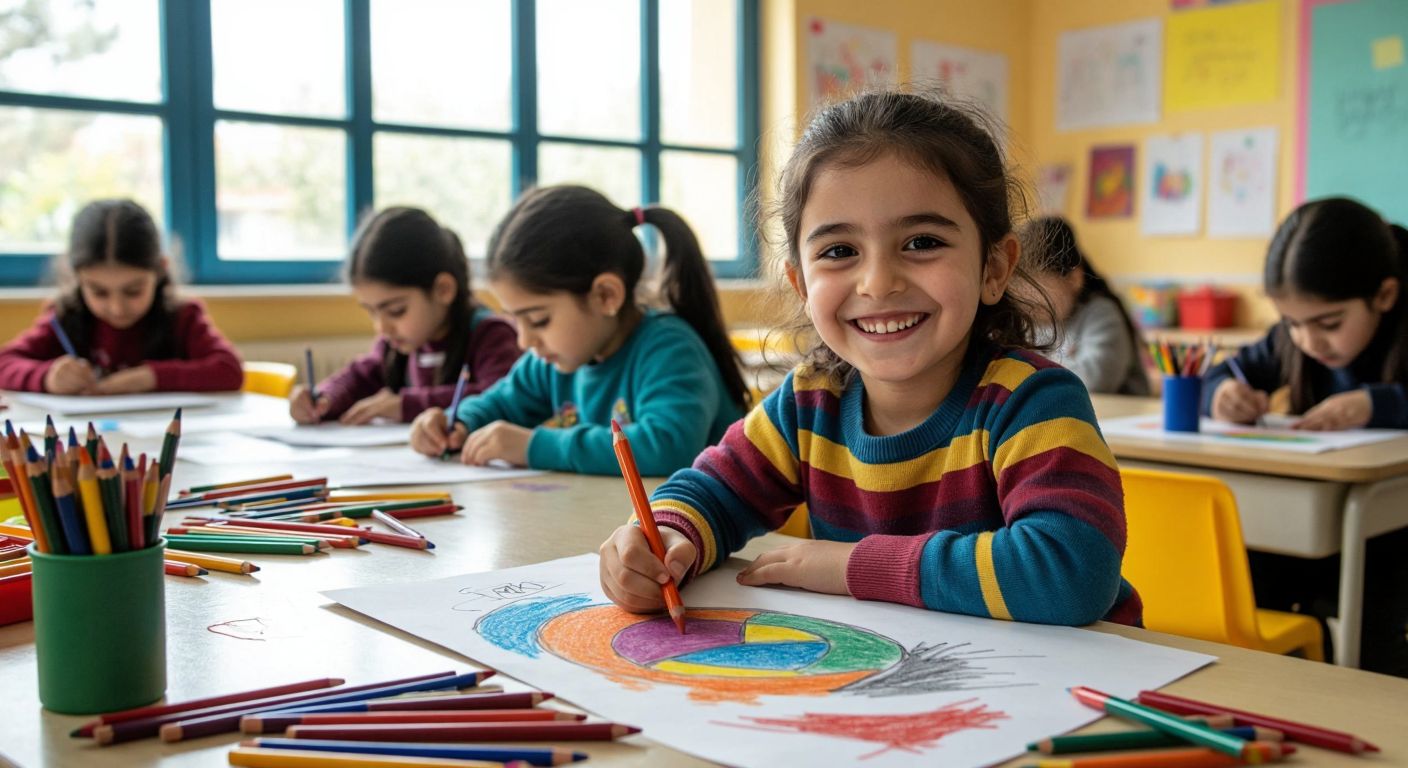A child in a brightly lit Turkish classroom smiles while coloring a vibrant drawing with a chunky triangular crayon, surrounded by scattered art supplies and classmates working on their own projects.