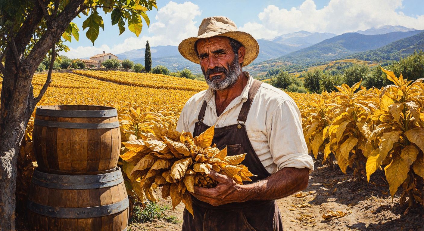 A weathered Greek farmer in a sunlit tobacco field carefully holds a bundle of golden-brown tobacco leaves, their rich aroma mingling with the scent of ripe figs and wine barrels nearby.