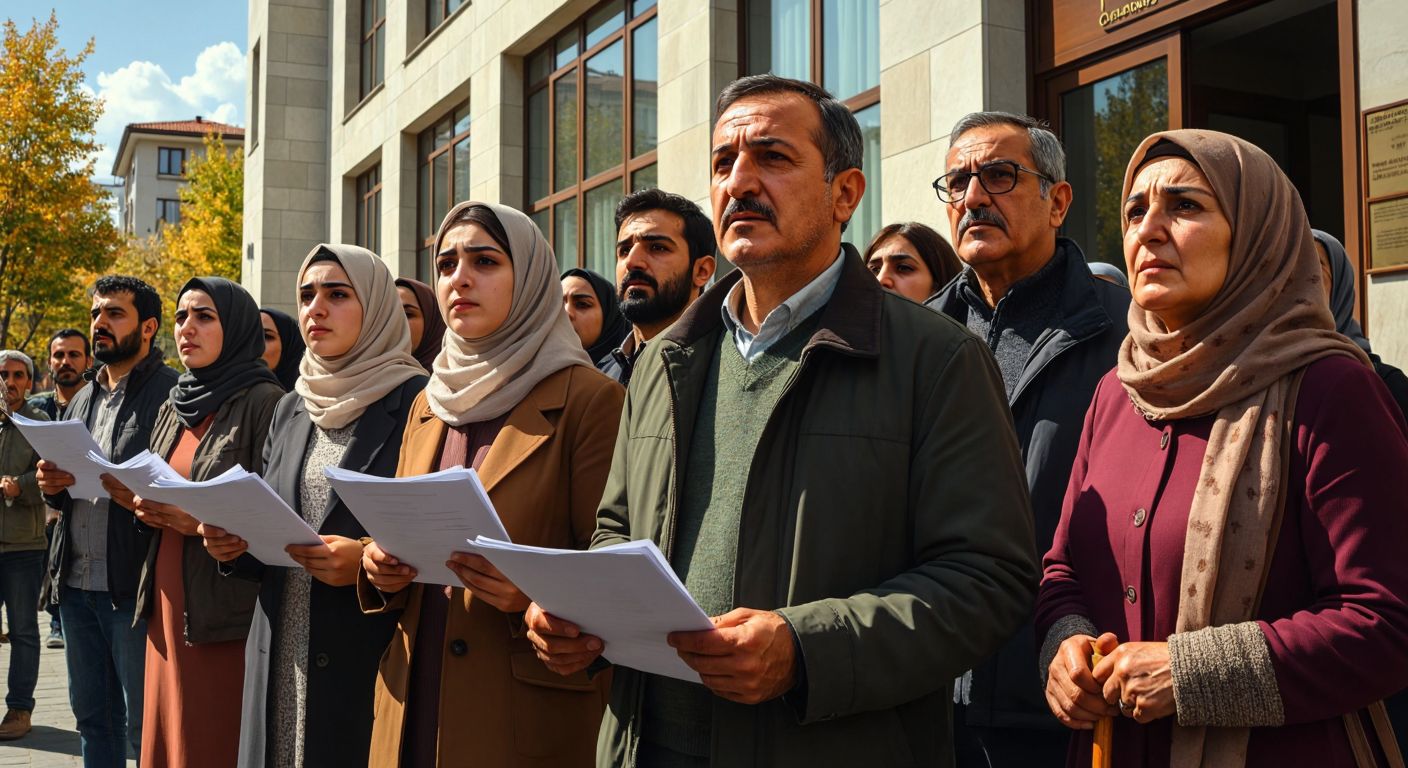 A diverse group of Turkish citizens—men and women of varying ages, including a young woman in a headscarf, a middle-aged man with a determined expression, and an elderly person with a cane—standing in line outside a government office under a bright sun, holding documents and looking hopeful.