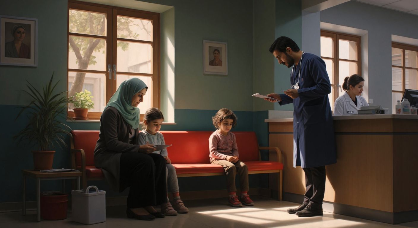 A Turkish family sits in a brightly lit clinic waiting room, a mother filling out a form while her young child leans against her, and a receptionist behind a counter gestures warmly toward them.