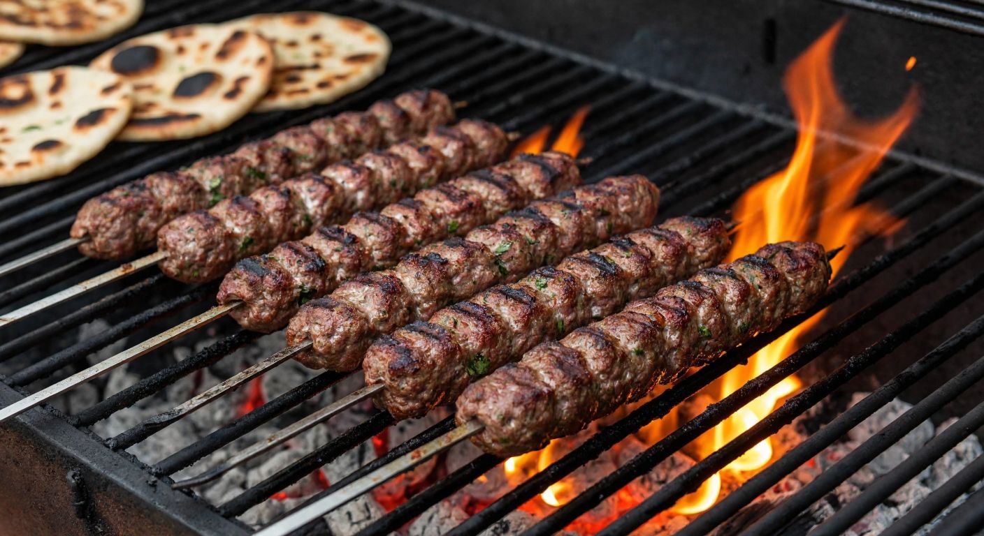 A close-up of six to eight sizzling Adana kebab skewers, with juicy minced meat tightly packed on long metal skewers, resting on a charcoal grill, surrounded by glowing embers and fresh flatbreads, evoking the rich aroma of spices and smoky flames.